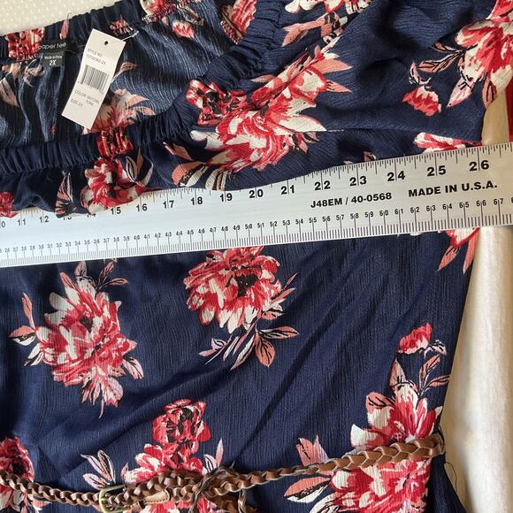 Paper Tee Women Dress 2X Navy Floral A-Line Belted Short Sleeve Off Shoulder - Picture 5 of 11